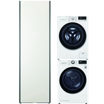LG AI DD™ Máy giặt lồng ngang 13kg Trắng FV1413S4W, Máy sấy LG DUAL Inverter Heat Pump™ 9kg (trắng) DVHP09W và Tủ chăm sóc quần áo thông minh - LG styler - Màu be S5BOC
