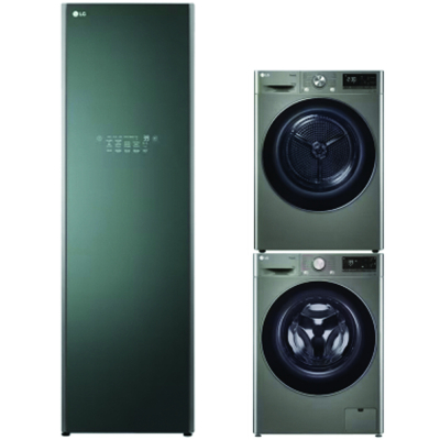 LG AI DD™ Máy giặt lồng ngang 12kg Xám FV1412S3PA, Máy sấy LG DUAL Inverter Heat Pump™ 10,5kg (đen) DVHP50B và Tủ chăm sóc quần áo thông minh - LG styler - Màu xanh lá cây S5GOC